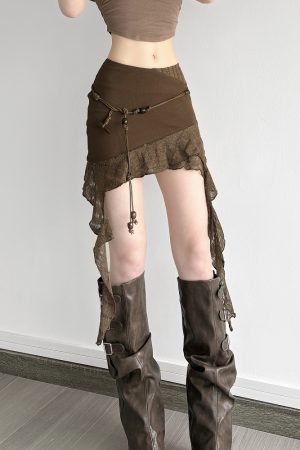 Retro Irregular Lace Splicing Half Skirt - Flowy Bodycon Low-Waist Short Skirt for Vacation Style, Y2K Fashion