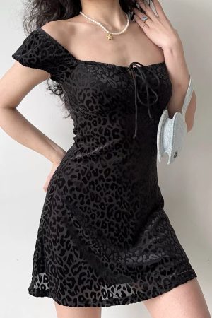 Retro Lace-Up Square Neck Short Sleeve Leopard Print Mesh Dress - A-line Skirt, European & American Fashion, Y2K Style for Women