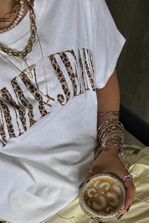 Retro Leopard Print Letter Oversized Short Sleeve T-Shirt for Women - Summer Casual Hot Girl Style