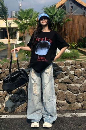 Retro Loose Wide-Leg Ripped Jeans for Women - Summer High Street Style, 90s Inspired, Casual Fashion Pants