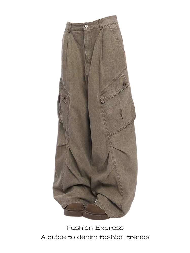 Retro Melard Brown Pleated Wide-Leg Denim Pants for Women - Loose Straight Fit Workwear Trousers - Autumn Fashion Essential Retro Melard Brown Pleated Wide-Leg Denim Pants for Women - Loose Straight Fit Workwear Trousers - Autumn Fashion Essential