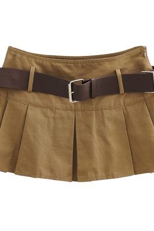 Retro Mid-Waist Pleated A-Line Skirt with Belt - Sexy Cropped Design, Anti-Exposure, European and American Style