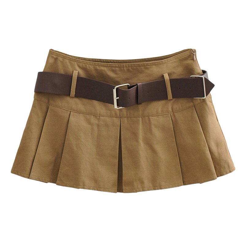 Retro Mid-Waist Pleated A-Line Skirt with Belt - Sexy Cropped Design, Anti-Exposure, European and American Style Retro Mid-Waist Pleated A-Line Skirt with Belt - Sexy Cropped Design, Anti-Exposure, European and American Style