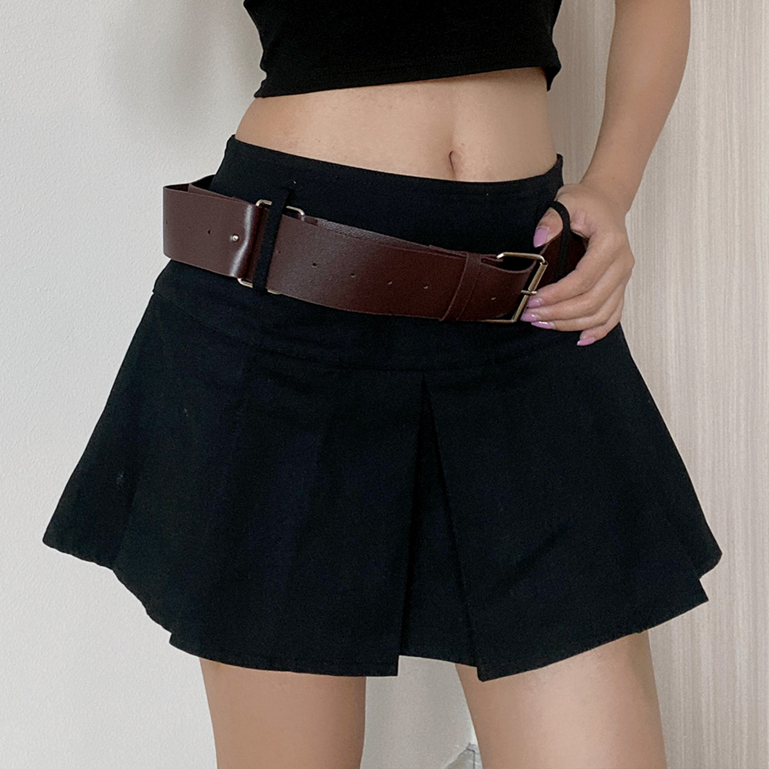 Retro Mid-Waist Pleated A-Line Skirt with Belt - Sexy Cropped Design, Anti-Exposure, European and American Style Retro Mid-Waist Pleated A-Line Skirt with Belt - Sexy Cropped Design, Anti-Exposure, European and American Style