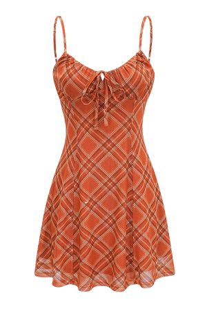 Retro Orange Plaid Camisole Dress for Women - Sexy Fitted Summer Dress in European-American Style, Ideal for 90s and Y2K Fashion