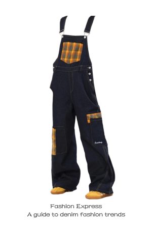 Retro Plaid Suspenders Pants for Women - Patchwork Design, Loose Straight-Leg Jeans for Spring Autumn 2025, Vintage Style