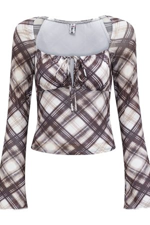 Retro Plaid Tie-Up Square Collar Long Sleeve Shirt for Women - European American Style Slim Fit Top