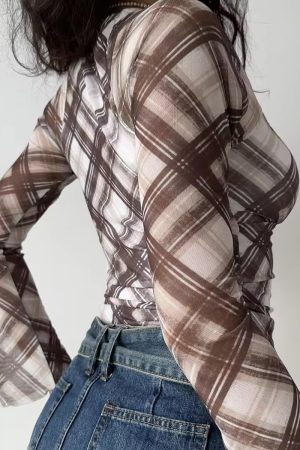 Retro Plaid Tie-Up Square Collar Long Sleeve Shirt for Women - European American Style Slim Fit Top