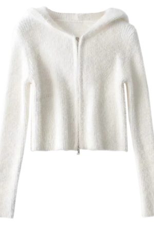 Retro Plush High-Waisted Slim Fit Hooded Knitted Cardigan Top - Cute European American Style