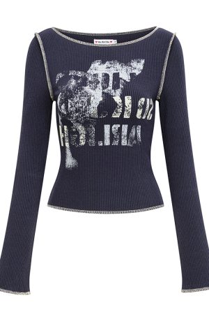 Retro Printed Long Sleeve T-shirt for Women - Slim Fit European & American Style Top, Perfect for Y2K and 90s Fashion