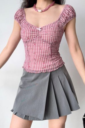 Retro Printed Plaid Puff Sleeve T-Shirt for Women - Slim Fit Short Sleeve Top in European and American Style, Trendy Hot Girl Fashion