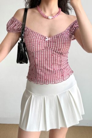 Retro Printed Plaid Puff Sleeve T-Shirt for Women - Slim Fit Short Sleeve Top in European and American Style, Trendy Hot Girl Fashion