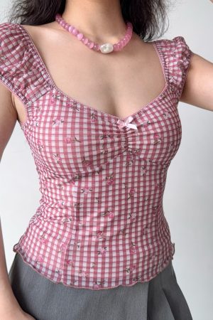 Retro Printed Plaid Puff Sleeve T-Shirt for Women - Slim Fit Short Sleeve Top in European and American Style, Trendy Hot Girl Fashion