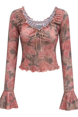 Retro Printed V-Neck Bell Sleeve Top - Women's Slim Fit Short Long Sleeve T-Shirt in European and American Style, 90s Inspired