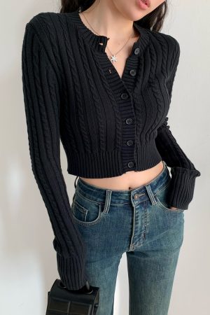 Retro Round Neck Cable Knit Cardigan for Women - Slim Fit, Buttoned Long Sleeve Sweater, Short Length, European American Style