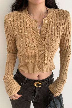 Retro Round Neck Cable Knit Cardigan for Women - Slim Fit, Buttoned Long Sleeve Sweater, Short Length, European American Style