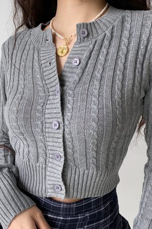Retro Round Neck Cable Knit Cardigan for Women - Slim Fit Short Style with Ultra-Long Sleeves - European & American Fashion