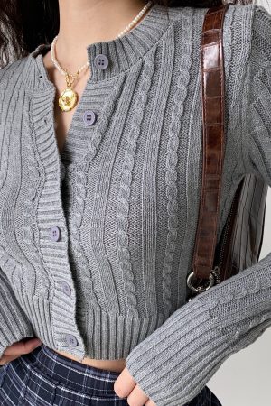 Retro Round Neck Cable Knit Cardigan for Women - Slim Fit Short Style with Ultra-Long Sleeves - European & American Fashion