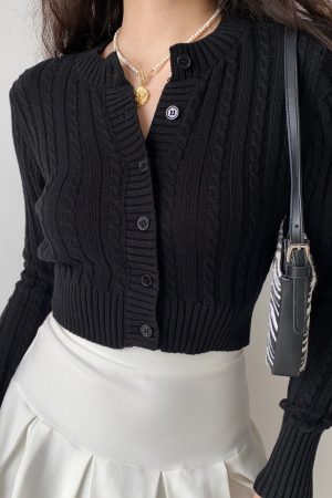Retro Round Neck Cable Knit Cardigan for Women - Slim Fit Short Style with Ultra-Long Sleeves - European & American Fashion