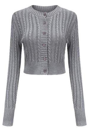 Retro Round Neck Cable Knit Cardigan for Women - Slim Fit Short Style with Ultra-Long Sleeves - European & American Fashion