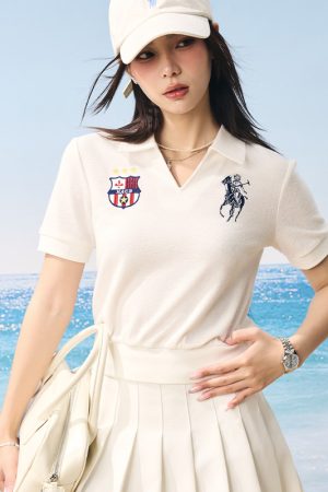 Retro Seagull Collar Embroidered Short Sleeve Polo Shirt in Jersey Towel Fabric - Vintage-Inspired, Casual Style for Everyday Wear