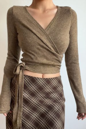 Retro Sexy V-Neck One-Piece Tie High-Waisted Short Slim-Fit Long Sleeve Knit Top for Y2K and 90s Fashion Lovers