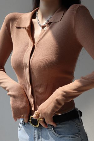 Retro Slim-Fit Long Sleeve Knitted Cardigan Top with Polo Collar and Tie Waist for Women - Y2K Style