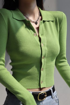 Retro Slim-Fit Long Sleeve Knitted Cardigan Top with Polo Collar and Tie Waist for Women - Y2K Style