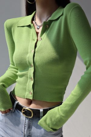 Retro Slim-Fit Long Sleeve Knitted Cardigan Top with Polo Collar and Tie Waist for Women - Y2K Style