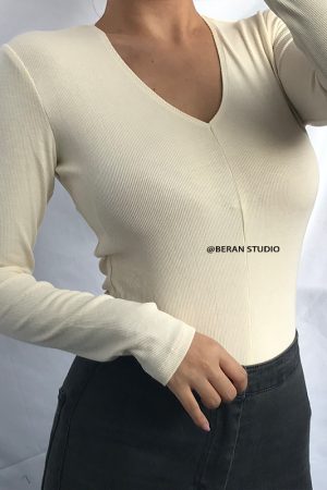 Retro Small V-Neck Slim Fit Solid Color Ribbed Long Sleeve T-Shirt Top - Comfortable Casual Fashion for Y2K and 90s Style