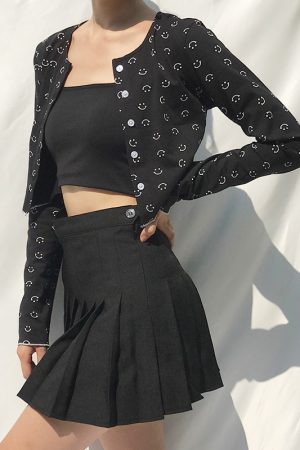 Retro Smiley Face Print Long Sleeve Cardigan T-Shirt Top with Round Neck, High Waist, and Short Hem â€“ Cute Y2K Style Fashion