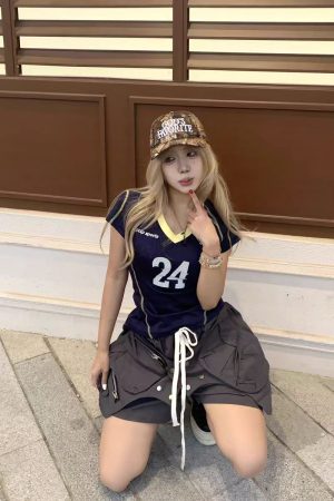 Retro V-Neck Short Sleeve Sports T-Shirt for Women â€“ Slim Fit, Sexy Design, 2025 Summer Fashion, Perfect for Casual and Active Wear