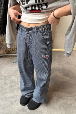 Retro Vertical Striped Jeans for Men and Women - Casual Embroidered Straight-Leg Loose Pants for a Slimming Fit