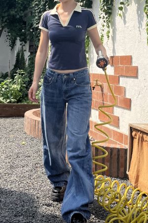 Retro Vertical Striped Washed Wide-Leg Slim Straight-Leg Low-Waist Jeans for Women - Spring/Summer 90s Y2K Style