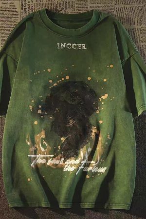 Retro Vintage Distressed Green Short Sleeve T-Shirt for Women - Trendy Summer Base Top in European and American Style