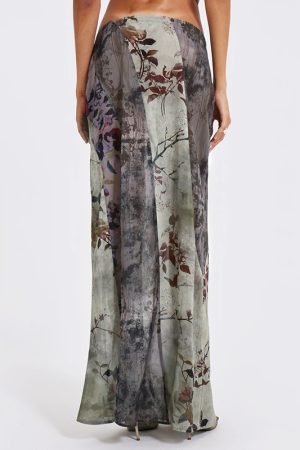 Retro Vintage Hot Girl Plant Print Midi Skirt - Trendy National Style Long Skirt for Y2K and 90s Fashion Lovers