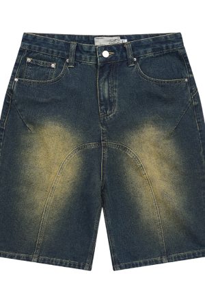 Retro Washed Pleated Straight-Leg Denim Shorts - Harsh Street Style Inspired, 90s Vintage Look