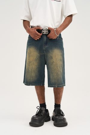 Retro Washed Pleated Straight-Leg Denim Shorts - Harsh Street Style Inspired, 90s Vintage Look