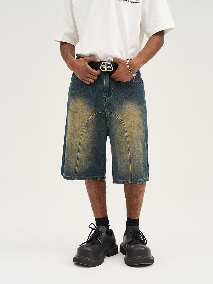 Retro Washed Pleated Straight-Leg Denim Shorts - Harsh Street Style Inspired, 90s Vintage Look Retro Washed Pleated Straight-Leg Denim Shorts - Harsh Street Style Inspired, 90s Vintage Look