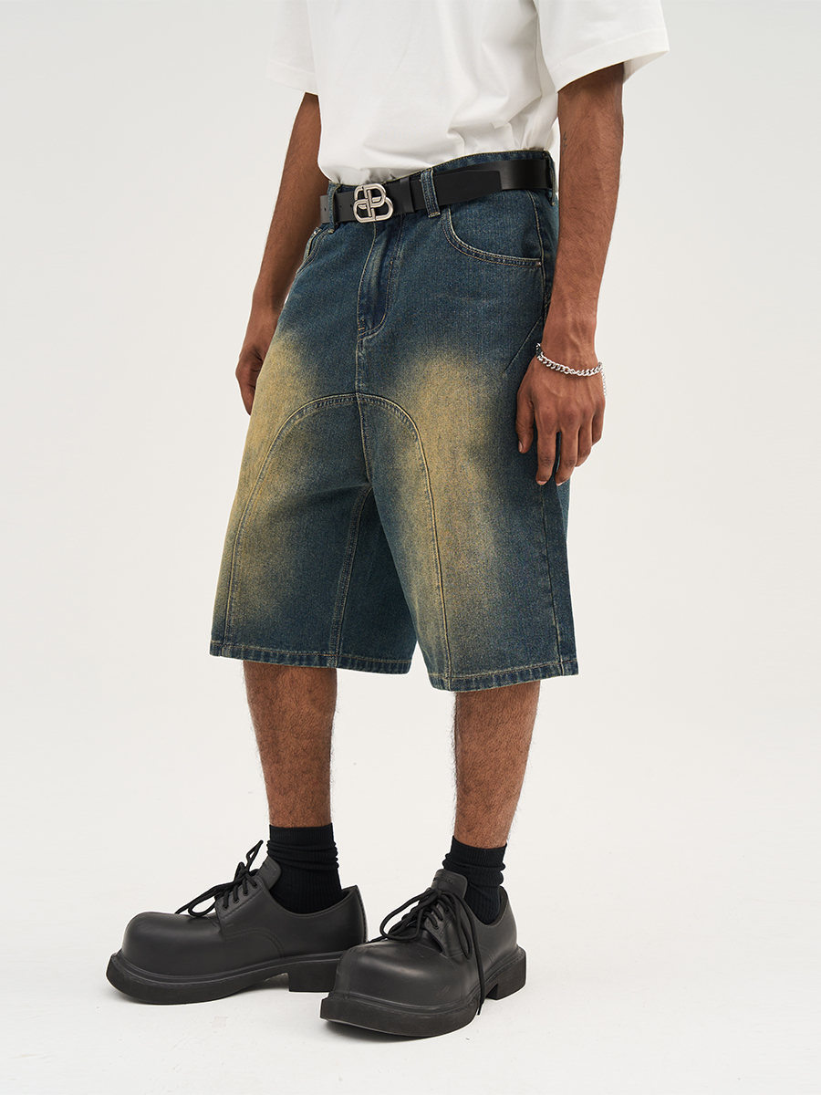 Retro Washed Pleated Straight-Leg Denim Shorts - Harsh Street Style Inspired, 90s Vintage Look Retro Washed Pleated Straight-Leg Denim Shorts - Harsh Street Style Inspired, 90s Vintage Look