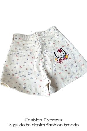 Retro White Denim Bow Shorts for Women - Cute Cat & Cherry Print, Wide-Leg Hot Pants, Trendy 90s Style