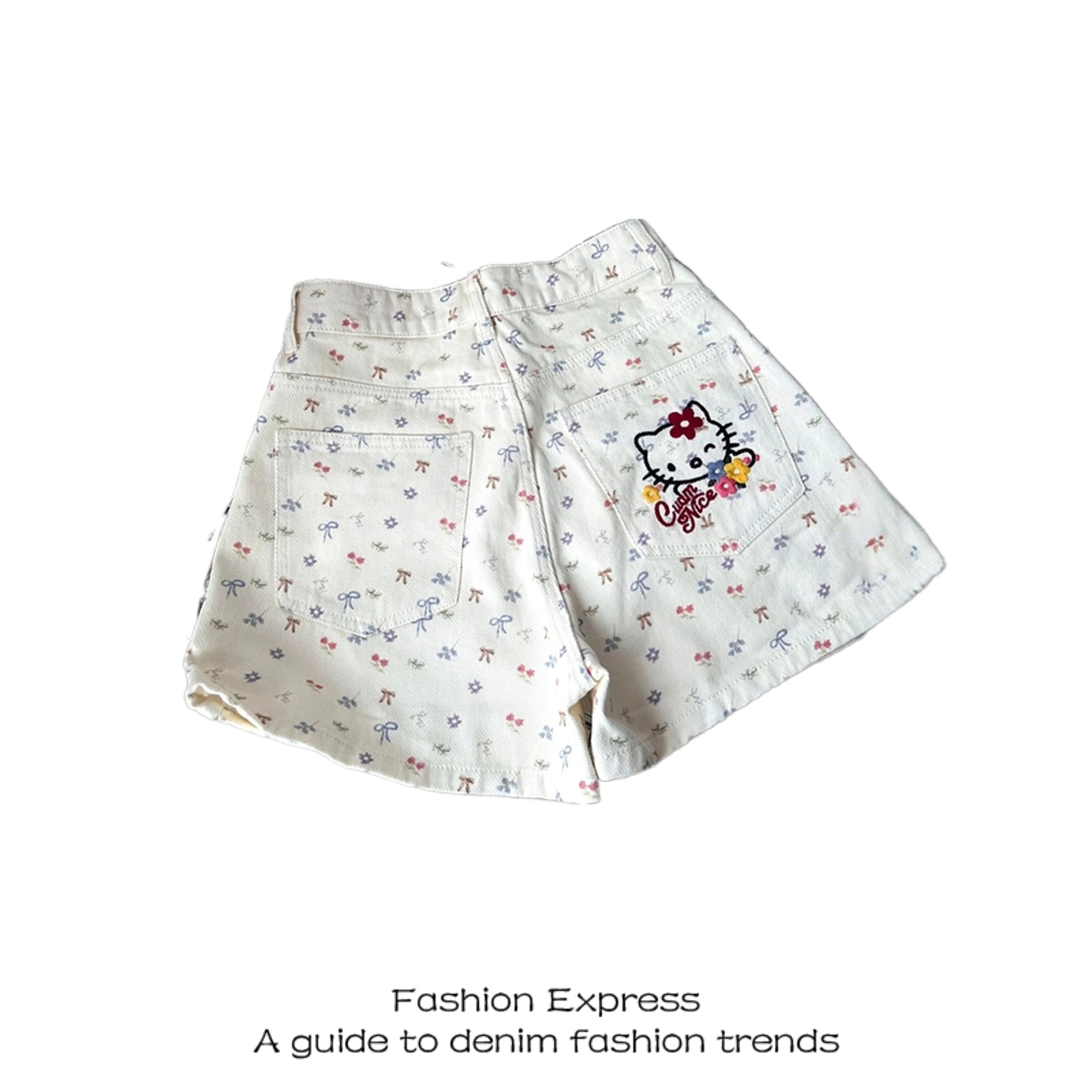 Retro White Denim Bow Shorts for Women - Cute Cat & Cherry Print, Wide-Leg Hot Pants, Trendy 90s Style Retro White Denim Bow Shorts for Women - Cute Cat & Cherry Print, Wide-Leg Hot Pants, Trendy 90s Style
