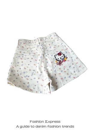Retro White Denim Bow Shorts for Women - Cute Cat & Cherry Print, Wide-Leg Hot Pants, Trendy 90s Style
