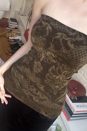 Retro Y2K Printed Slim Fit Strapless Women's Wrap Crop Top - Trendy Hot Girl Style