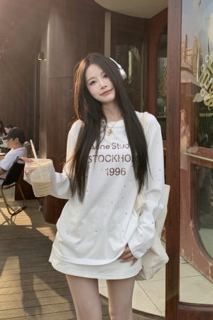 Rhinestone Letter Long Sleeve T-Shirt for Women - Loose Fit High Street Style Sun Protection Cover-Up Top