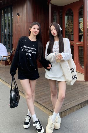 Rhinestone Letter Long Sleeve T-Shirt for Women - Loose Fit High Street Style Sun Protection Cover-Up Top