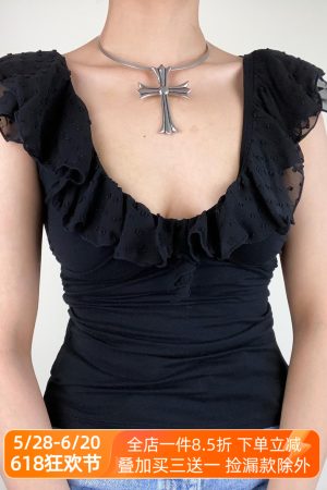 Romantic French Low-Neck Ruffled Backless Short Top for Women with Flutter Sleeves - Vacation Style Slim Fit Tank Top