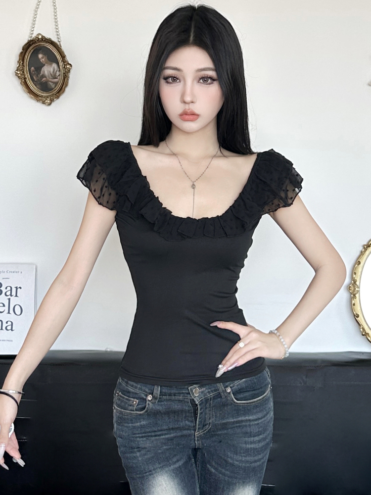 Romantic French Low-Neck Ruffled Backless Short Top for Women with Flutter Sleeves - Vacation Style Slim Fit Tank Top Romantic French Low-Neck Ruffled Backless Short Top for Women with Flutter Sleeves - Vacation Style Slim Fit Tank Top