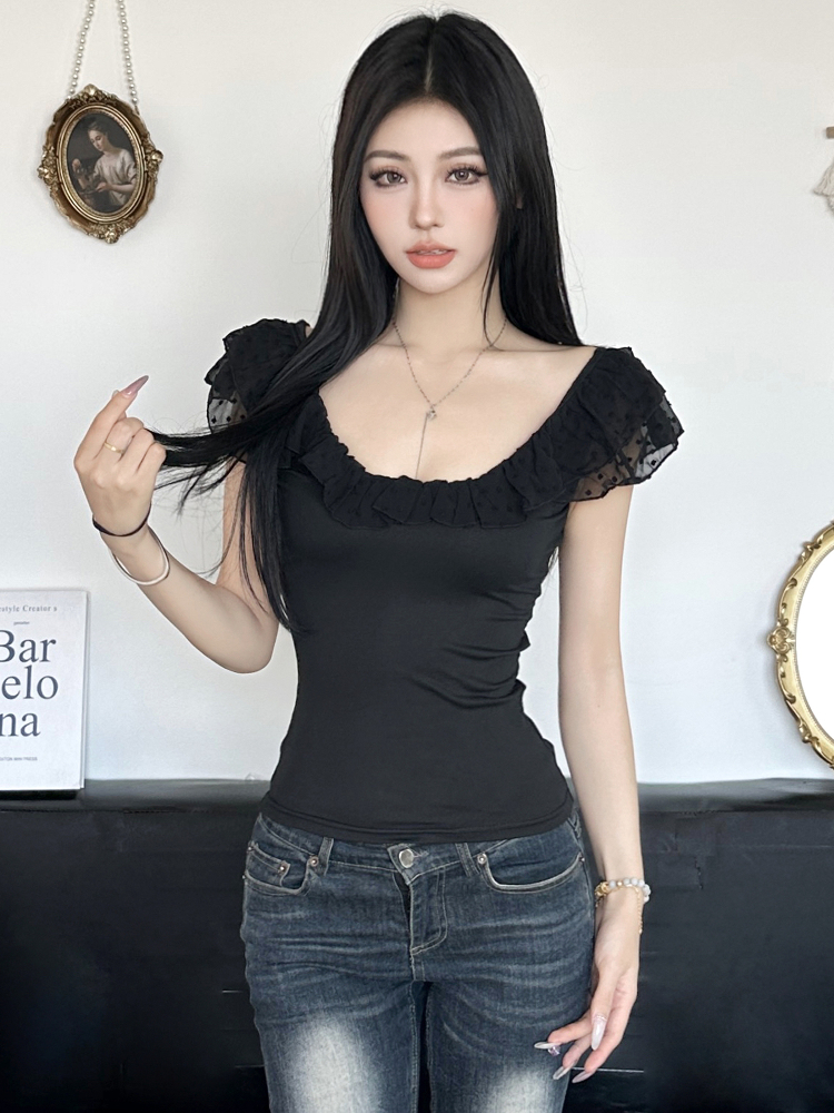 Romantic French Low-Neck Ruffled Backless Short Top for Women with Flutter Sleeves - Vacation Style Slim Fit Tank Top Romantic French Low-Neck Ruffled Backless Short Top for Women with Flutter Sleeves - Vacation Style Slim Fit Tank Top