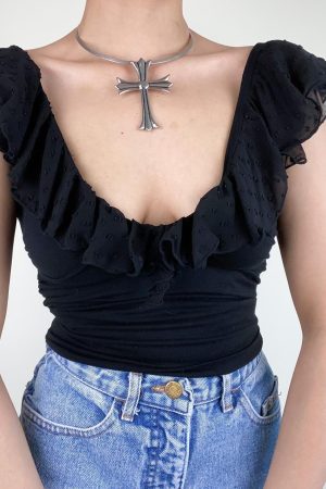 Romantic French Low-Neck Ruffled Backless Short Top for Women with Flutter Sleeves - Vacation Style Slim Fit Tank Top